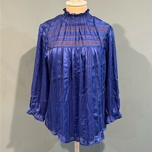 NEW Adrienne Vittadini Royal Blue Blouse Large 3/4 Balloon Sleeve Smocked Neck